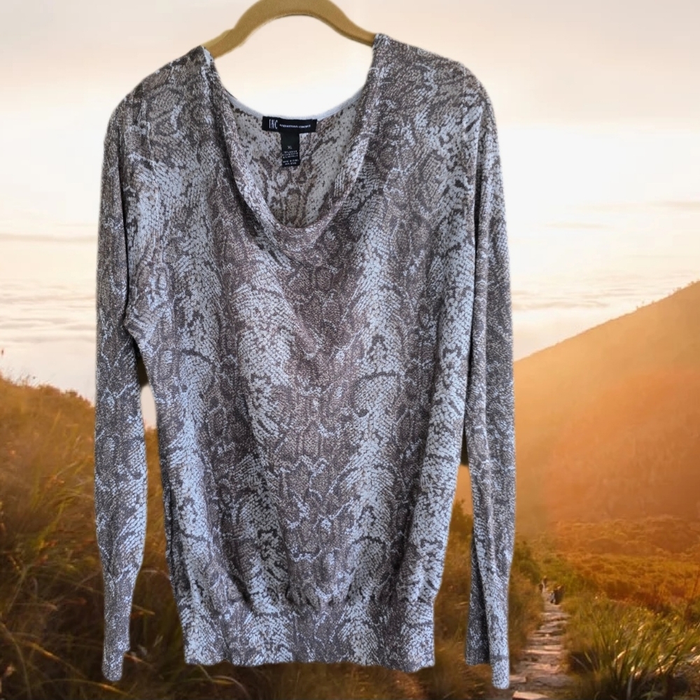 INC International Concepts Silver Metallic Cowl Neck Sweater Snake Print